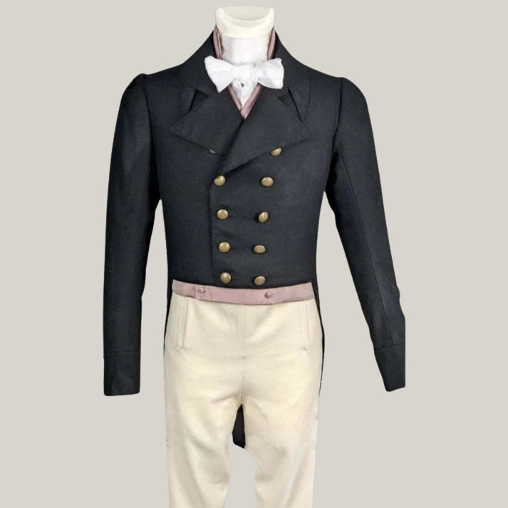 New Regency Tailcoat - Historical Men’s Formal Jacket, Vintage Black Double-Breasted Coat, 1800s Reenactment Costume, Period Clothing