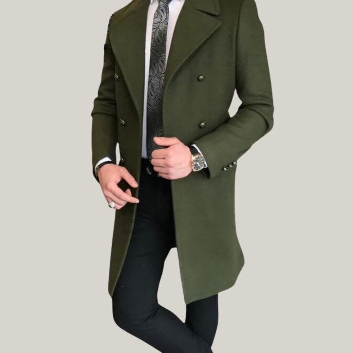 Men's Green Wool Overcoat Perfect for Dinner Parties | Evening Wear - vintage-inspired - double-breasted trench coat | Blue Rolls