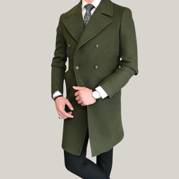 Men's Green Wool Overcoat Perfect for Dinner Parties | Evening Wear - vintage-inspired - double-breasted trench coat | Blue Rolls