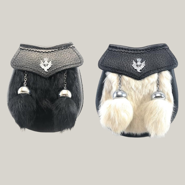 Genuine Fur, Baby/Kids Kilt Sporran with Chrome Thistle Badge and Two Tassels