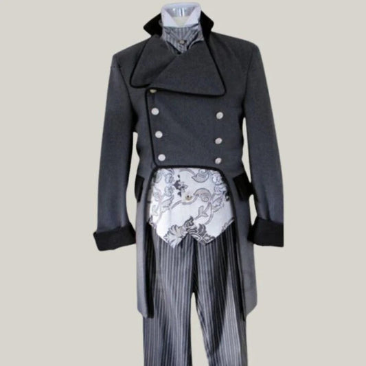 Halloween Costume - New Dark Grey Victorian Costume Regency Tailback - Black Trim Wool Coat | Blue Rolls Bespoke