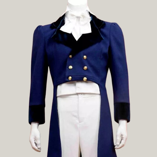 New Male Regency Men's Tailcoat & Vest | Historical Costume Attire | Formal Reenactment Wear | Period-Authentic Regency Suit | Blue Rolls