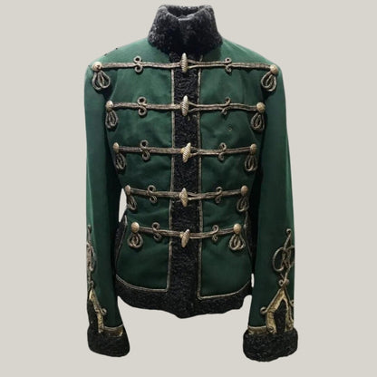 New Premium  Men's Hussar Military Uniform - Green Wool Jacket for Officer of the Life Guards Grodno Hussars with Fur Detailing