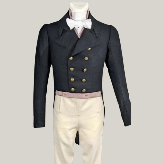 New Regency Tailcoat - Historical Men’s Formal Jacket, Vintage Black Double-Breasted Coat, 1800s Reenactment Costume, Period Clothing