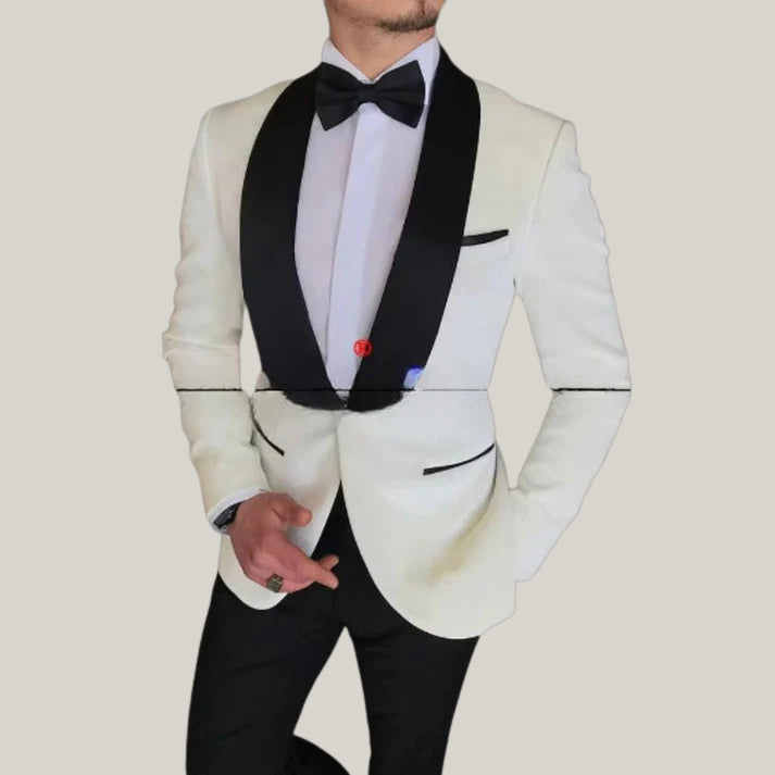Men's 2-Piece Suit – New Off-White Suit with Black Lapels | Elegant Wedding Suit