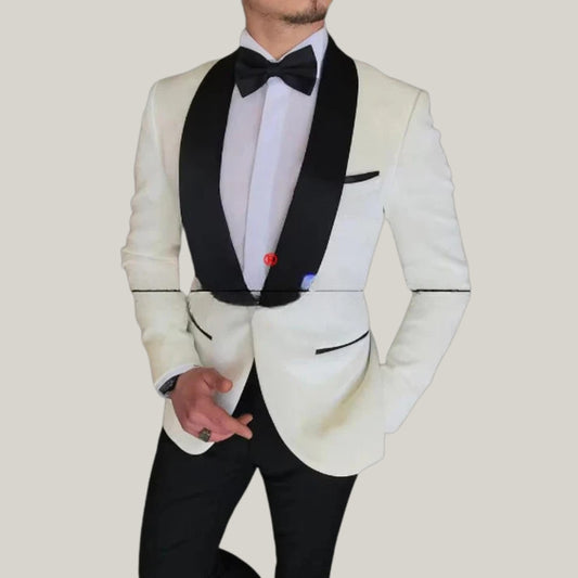 Men's 2-Piece Suit – New Off-White Suit with Black Lapels | Elegant Wedding Suit