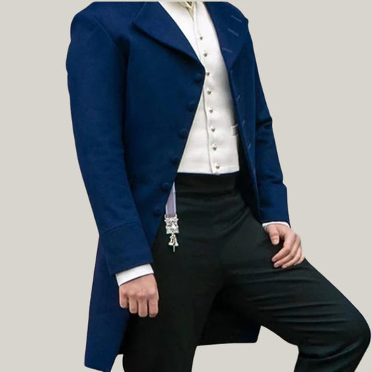 New Men's Blue Wool Regency Coat – Colin Bridgerton Inspired Victorian Tailcoat