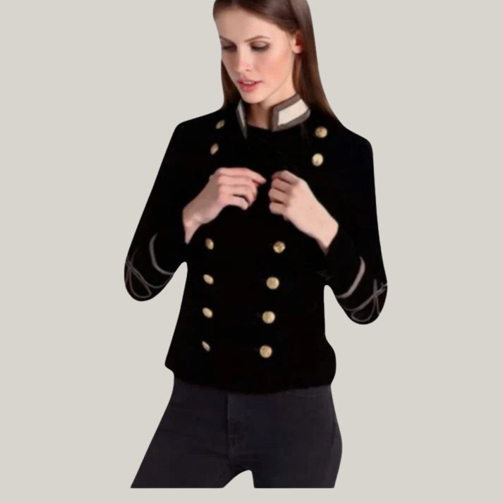New Vintage Inspired Women's Velvet Military Jacket Double Breasted Blazer (Black) - Gold Tone Military Style