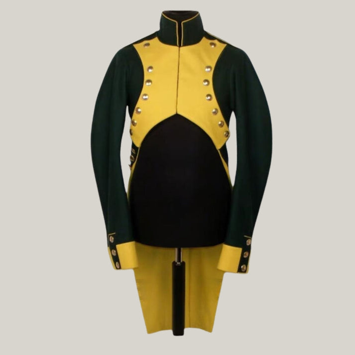 18th Century Men's British Military War Costume – Green & Yellow Napoleon Jacket Cosplay Attire
