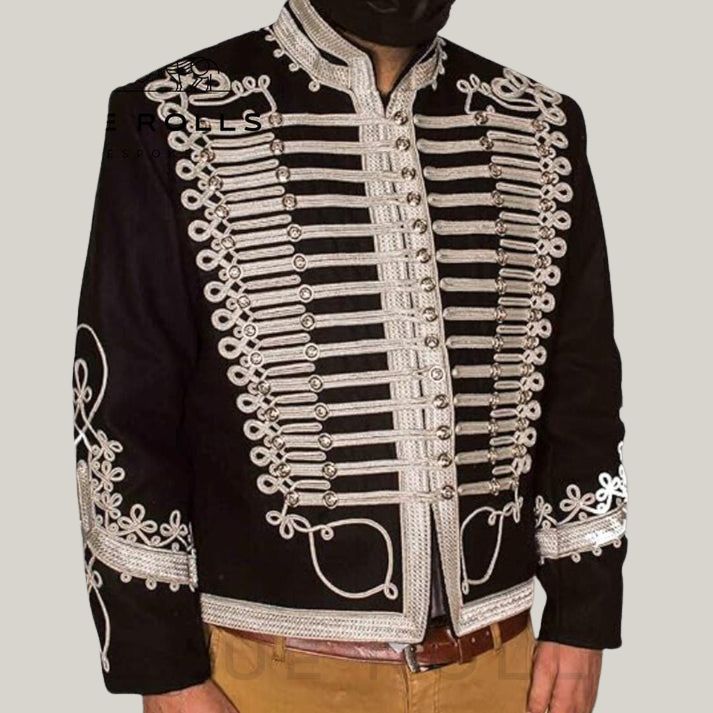Men's Military Hussar jacket for men black wool with silver braiding detailing's | Unique design | Blue Rolls Bespoke