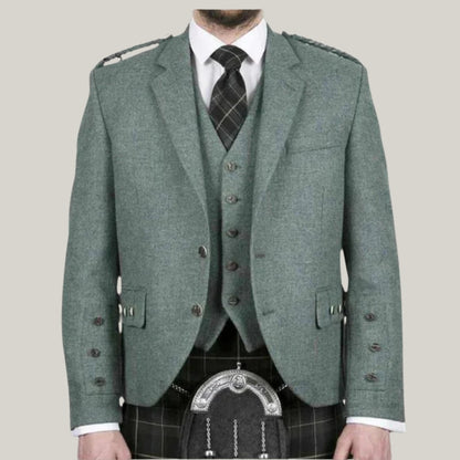 New Lovat Green Wool Blazer | Scottish Traditional, Custom Made - Argyle Kilt Jacket - GREEN SCOTTISH  JACKET