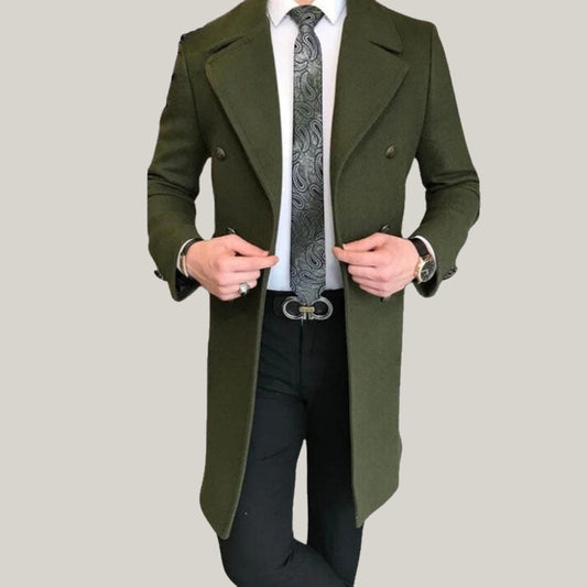 Men's Green Wool Overcoat  Perfect for Dinner Parties | Evening Wear - vintage-inspired - double-breasted trench coat | Blue Rolls