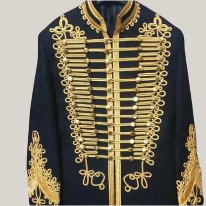 New Men's French Jacket With Heavy Gold Braided Jacket, Black wool coat - Hussar jacket