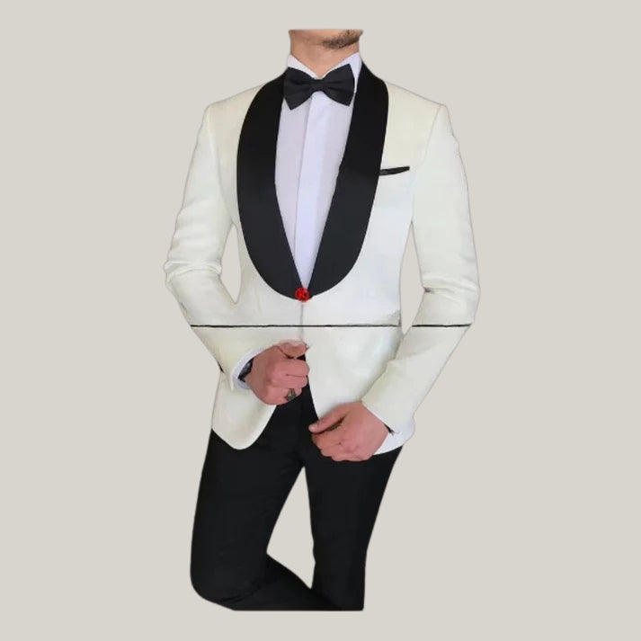 Men's 2-Piece Suit – New Off-White Suit with Black Lapels | Elegant Wedding Suit