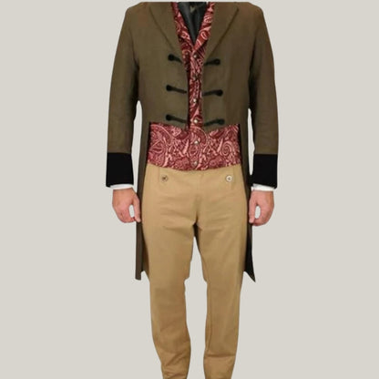 Brown Historical Emporium Men's Velvet Trimmed Sovereign Regency Tailcoat, Military Tailcoat, Colin Bridgerton - Victorian Style Hand Made