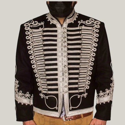 Men's Military Hussar jacket for men black wool with silver braiding detailing's | Unique design | Blue Rolls Bespoke