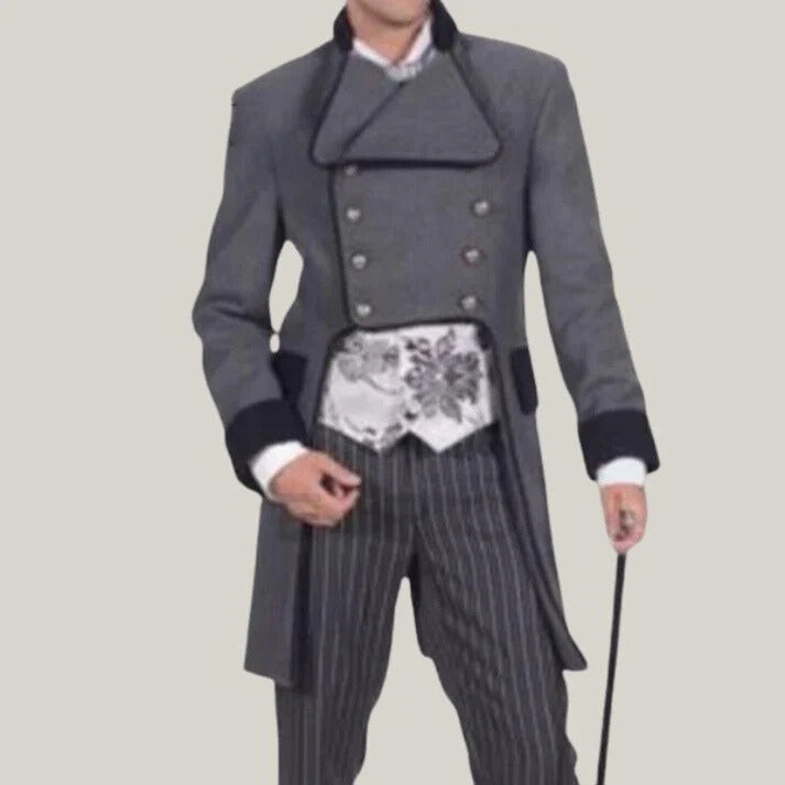 Halloween Costume - New Dark Grey Victorian Costume Regency Tailback - Black Trim Wool Coat | Blue Rolls Bespoke