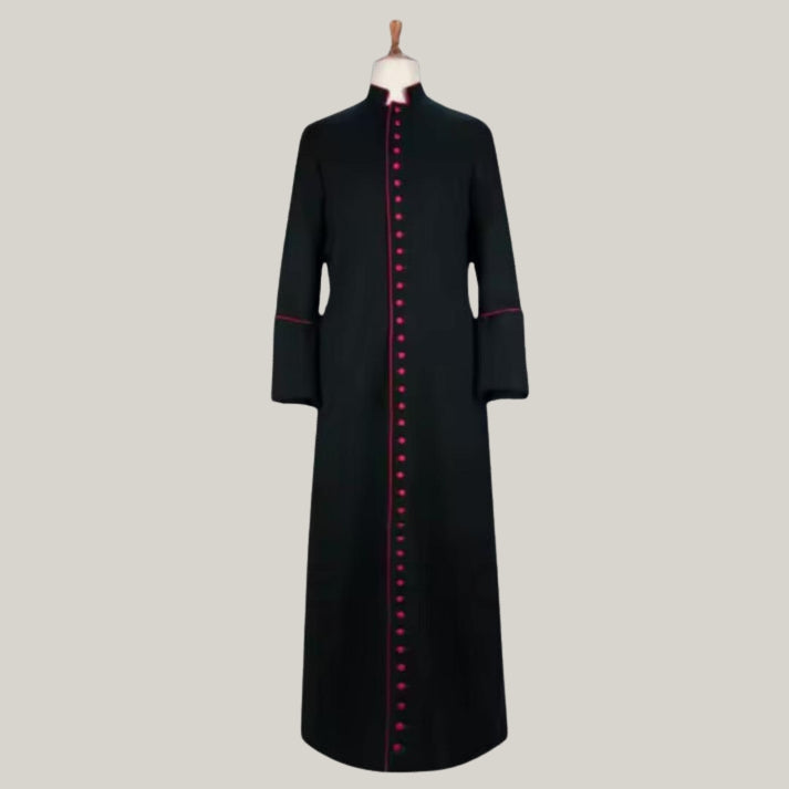 Clergy Robe, - Roman Cassock - Custom Size Traditional Priest Vestment, Catholic Church Apparel (Black, Red Trim)
