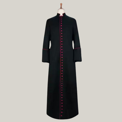 Clergy Robe, - Roman Cassock - Custom Size Traditional Priest Vestment, Catholic Church Apparel (Black, Red Trim)