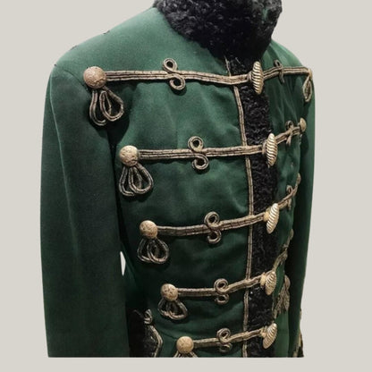 New Premium  Men's Hussar Military Uniform - Green Wool Jacket for Officer of the Life Guards Grodno Hussars with Fur Detailing