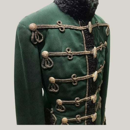 New Premium  Men's Hussar Military Uniform - Green Wool Jacket for Officer of the Life Guards Grodno Hussars with Fur Detailing