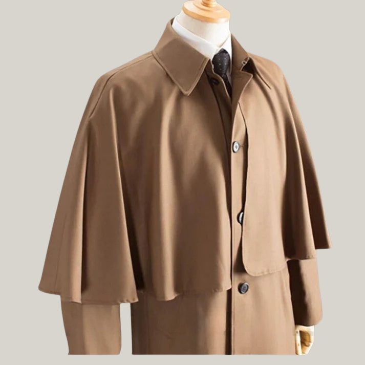 New Edition - Herrenmantel Cape - Men's Victorian Inverness Cape Coat | Garrick Coachmen Style | Beige/Grey Wool - Formal Slim