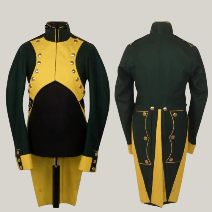 18th Century Men's British Military War Costume – Green & Yellow Napoleon Jacket Cosplay Attire