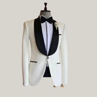 Men's 2-Piece Suit – New Off-White Suit with Black Lapels | Elegant Wedding Suit