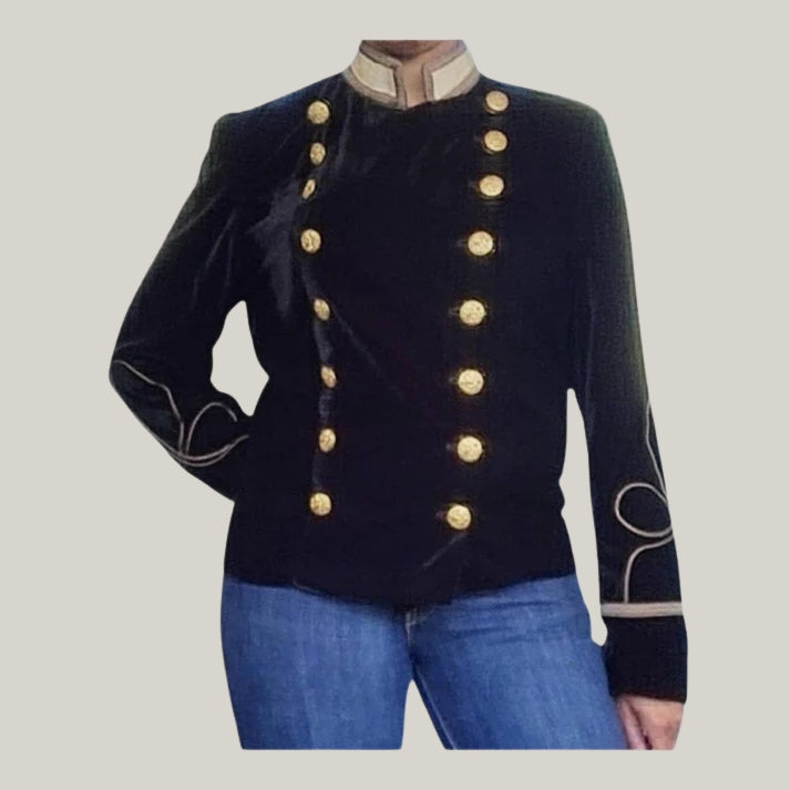 New Vintage Inspired Women's Velvet Military Jacket Double Breasted Blazer (Black) - Gold Tone Military Style