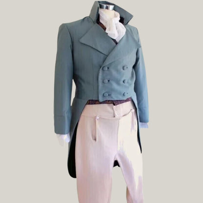 New Sky Blue Wool Regency Coat – Classic Men’s Double-Breasted Jacket