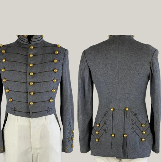 New Men's 1950s Corps of Cadets Fancy Jacket | Vintage 1950s Denim Blue Wool Tailcoat with Brass Buttons and Black Soutache from West Point