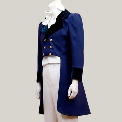 New Male Regency Men's Tailcoat & Vest | Historical Costume Attire | Formal Reenactment Wear | Period-Authentic Regency Suit | Blue Rolls