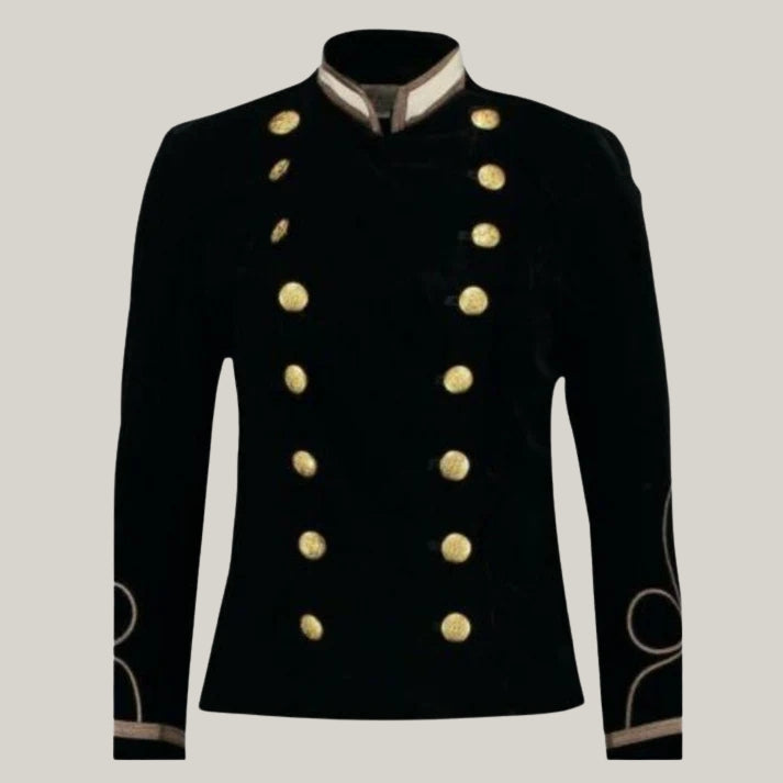New Vintage Inspired Women's Velvet Military Jacket Double Breasted Blazer (Black) - Gold Tone Military Style