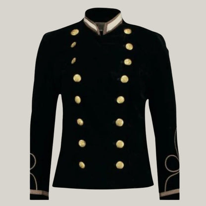 New Vintage Inspired Women's Velvet Military Jacket Double Breasted Blazer (Black) - Gold Tone Military Style