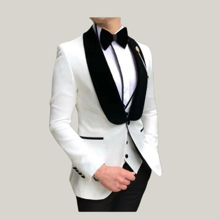 Men's 2-Piece Suit – New Off-White Suit with Black Lapels | Elegant Wedding Suit