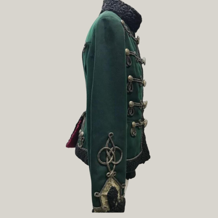 New Premium  Men's Hussar Military Uniform - Green Wool Jacket for Officer of the Life Guards Grodno Hussars with Fur Detailing