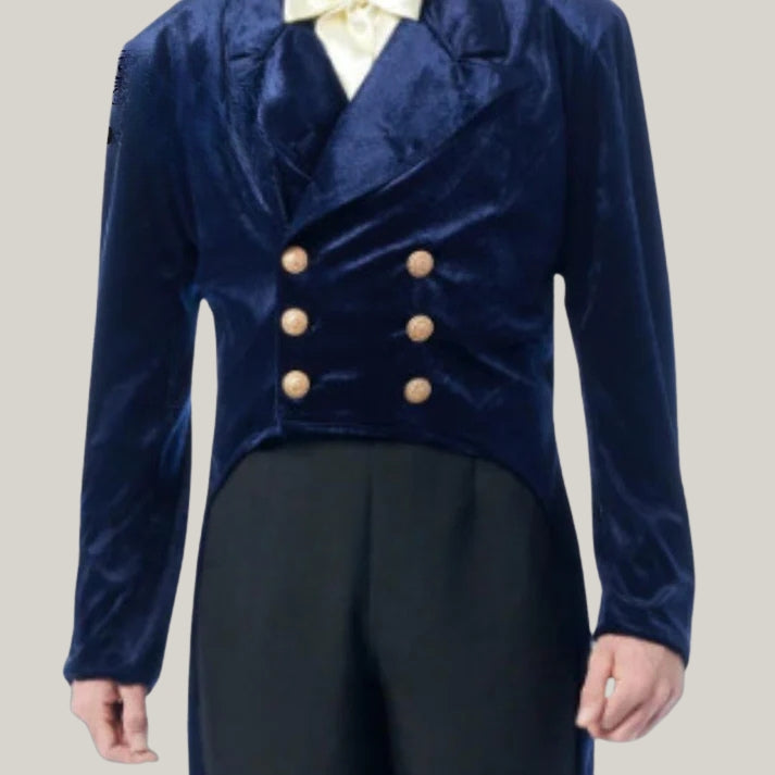 Cosplay Bridgeton Men's Brand New Men's Dark Blue Velvet 18th Century Style tail coat, Regency Tail Coat | Blue Rolls Bespoke