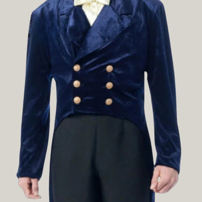 Cosplay Bridgeton Men's Brand New Men's Dark Blue Velvet 18th Century Style tail coat, Regency Tail Coat | Blue Rolls Bespoke
