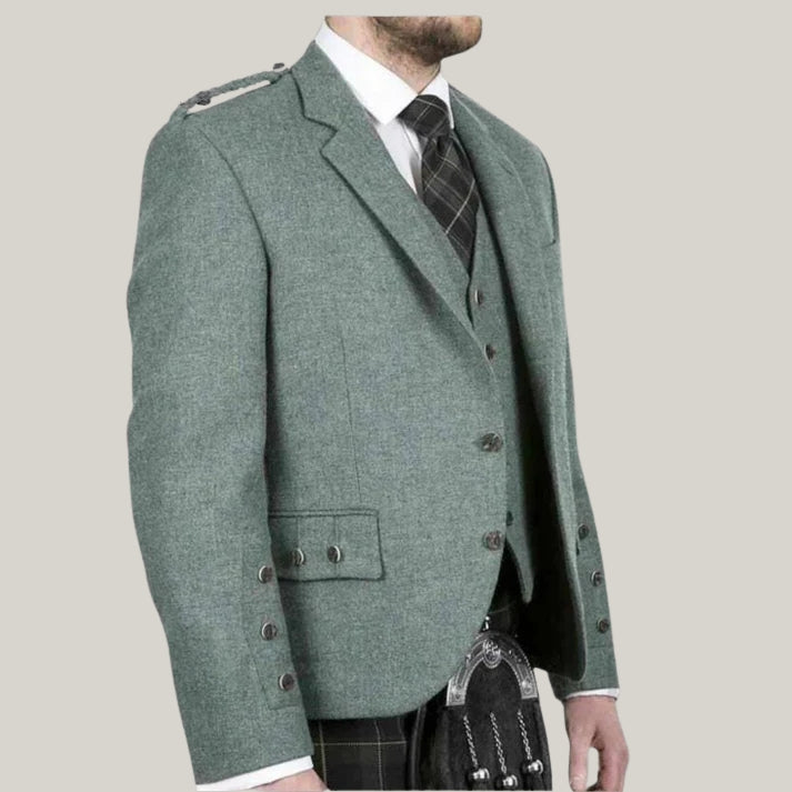 New Lovat Green Wool Blazer | Scottish Traditional, Custom Made - Argyle Kilt Jacket - GREEN SCOTTISH  JACKET