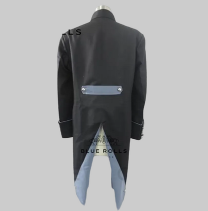 A black bespoke tailcoat shown from the back on a mannequin, featuring a light blue satin waist panel with silver buttons and a matching light blue lining at the back opening. The brand logo 'BLUE ROLLS BESPOKE' is visible on the image.