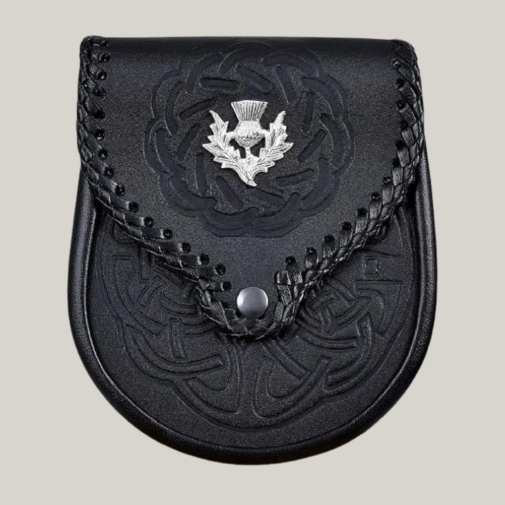 Double Embossed Scottish Black Leather Kilt Sporran w/Belt