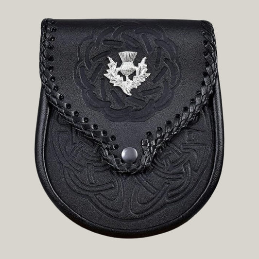 Double Embossed Scottish Black Leather Kilt Sporran w/Belt